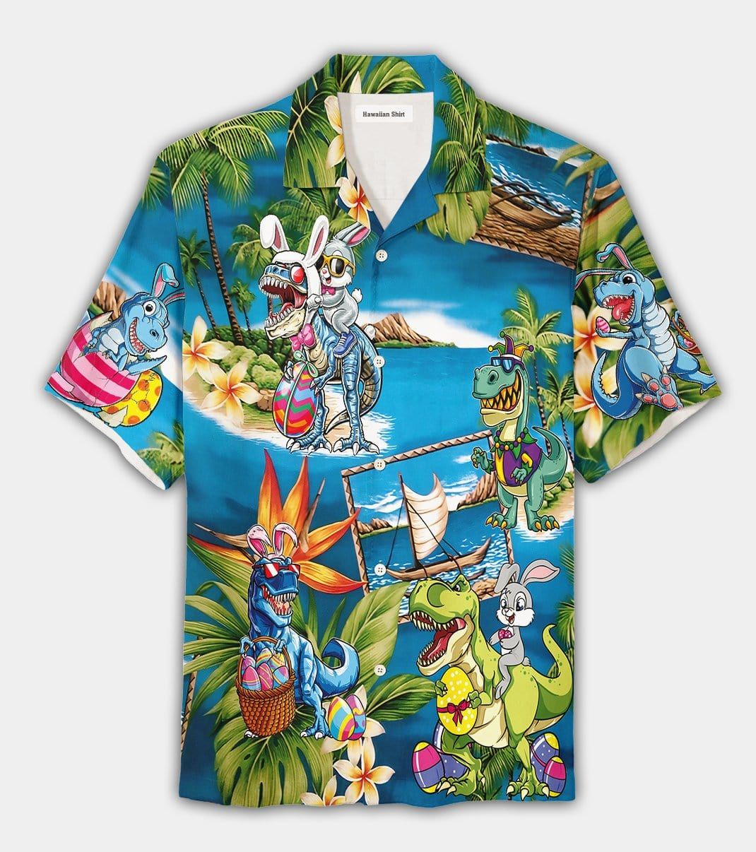 Felacia [Hawaii Shirt] Happy Easter 2021 Amazing Bunny Riding Dinosaur Unisex Hawaiian Aloha Shirts-ZX3217
